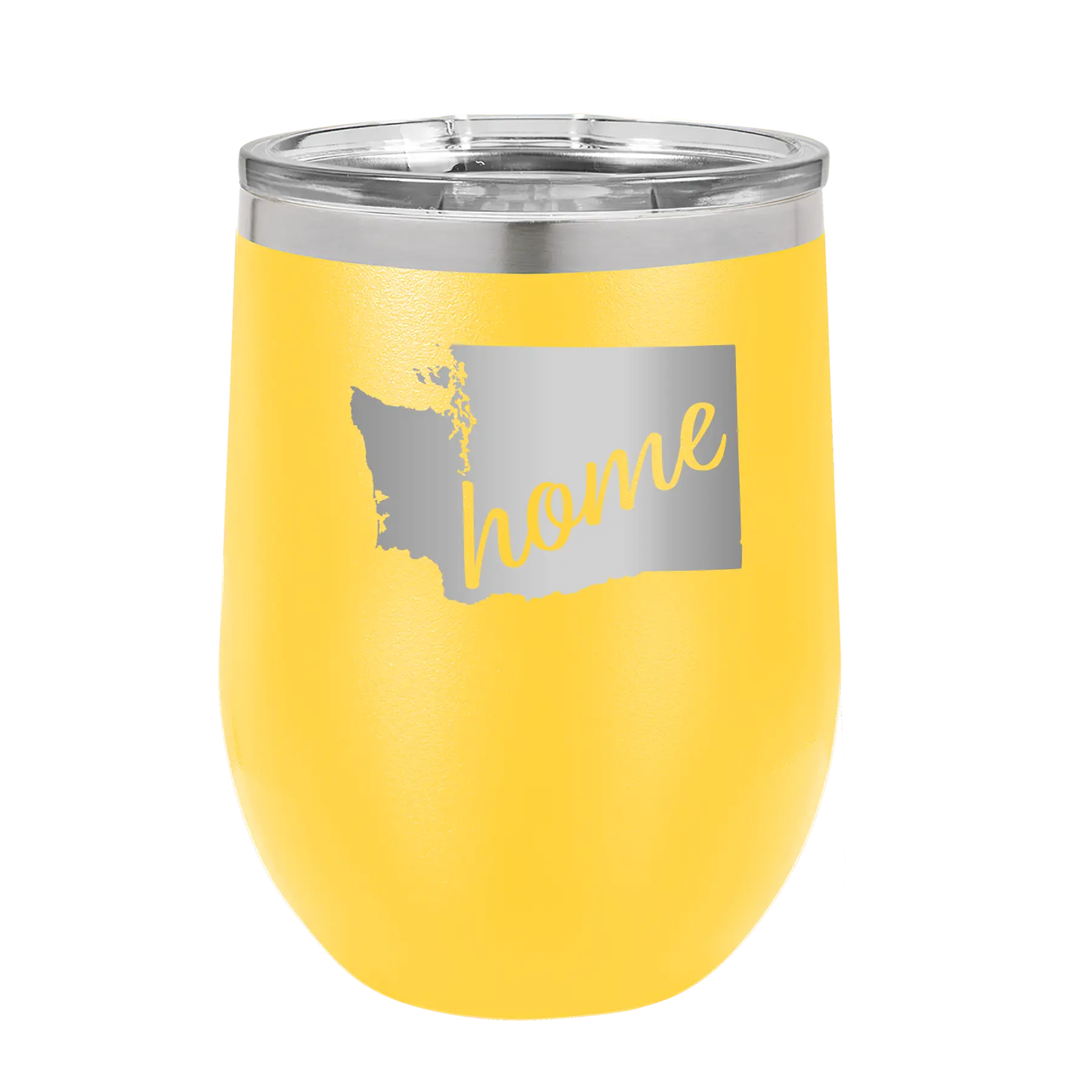 Laser etched yellow 12 oz vacuum insulated wine cup with 'Washington Home' design