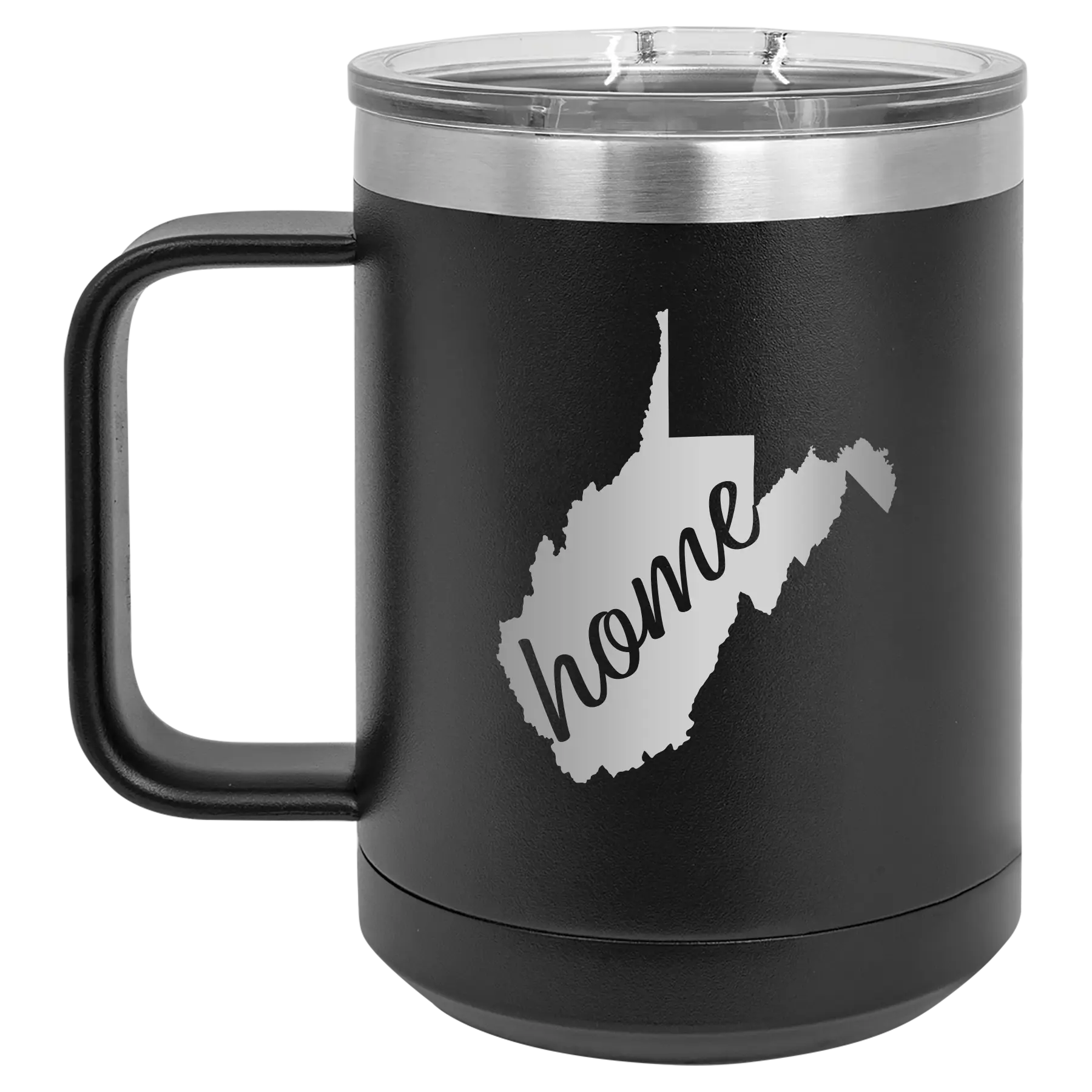 Laser etched black 15 oz vacuum insulated coffee mug with 'West Virginia Home' design