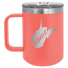 Laser etched coral 15 oz vacuum insulated coffee mug with 'West Virginia Home' design