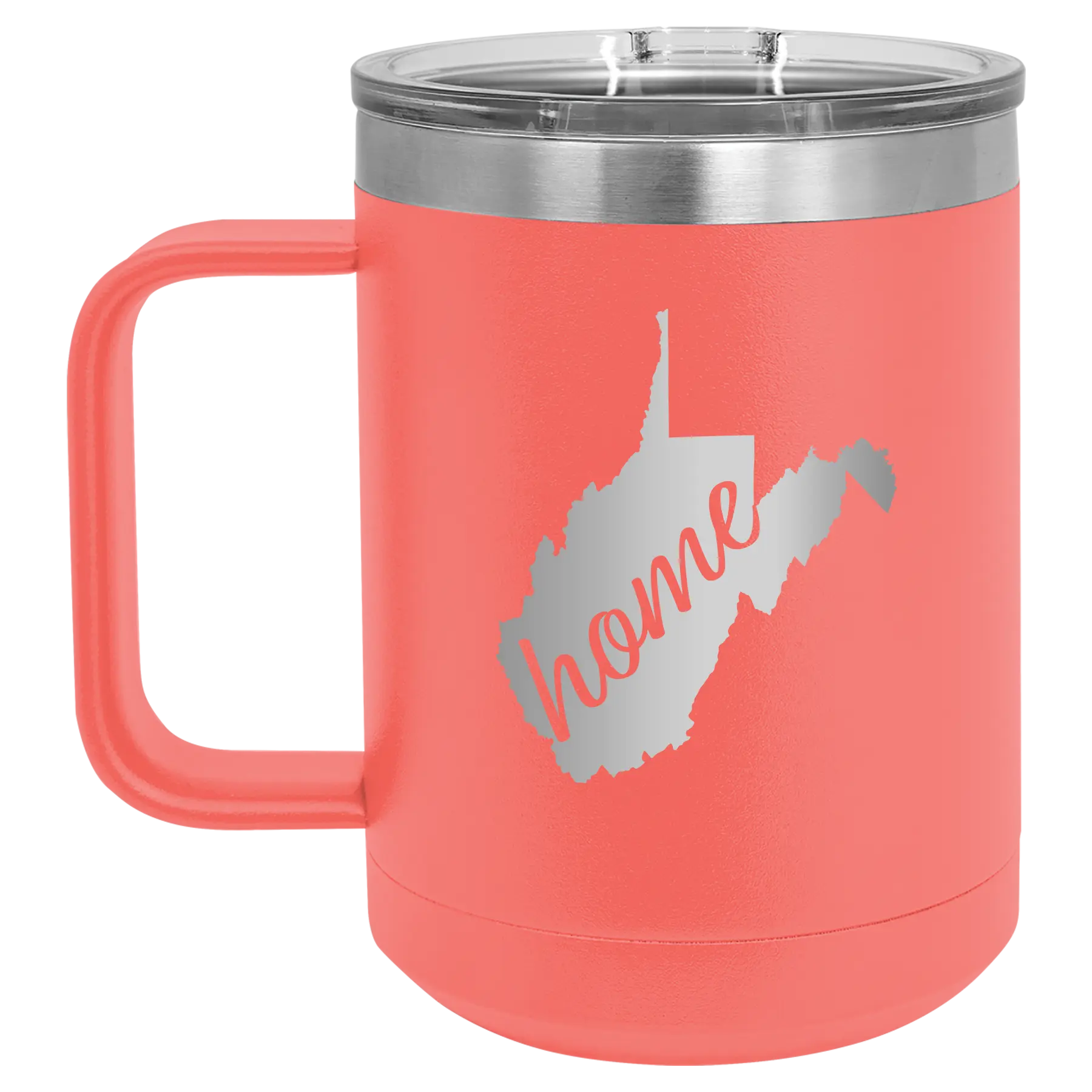 Laser etched coral 15 oz vacuum insulated coffee mug with 'West Virginia Home' design