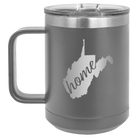 Laser etched dark gray 15 oz vacuum insulated coffee mug with 'West Virginia Home' design