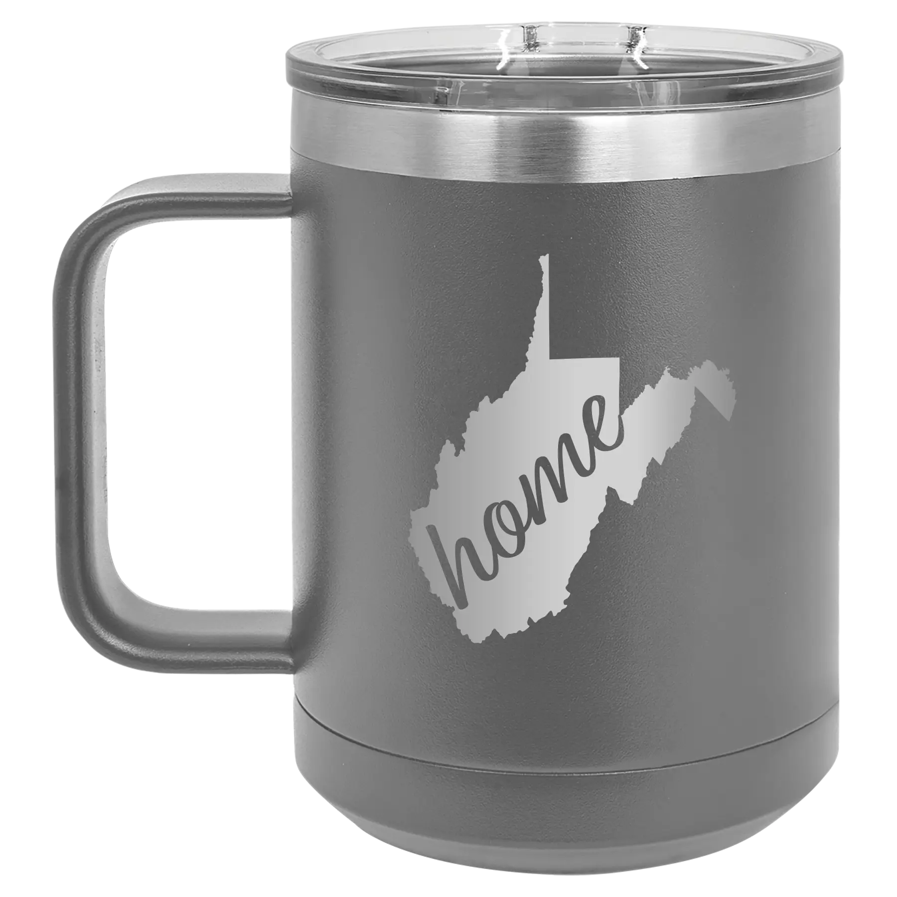Laser etched dark gray 15 oz vacuum insulated coffee mug with 'West Virginia Home' design