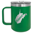Laser etched green 15 oz vacuum insulated coffee mug with 'West Virginia Home' design