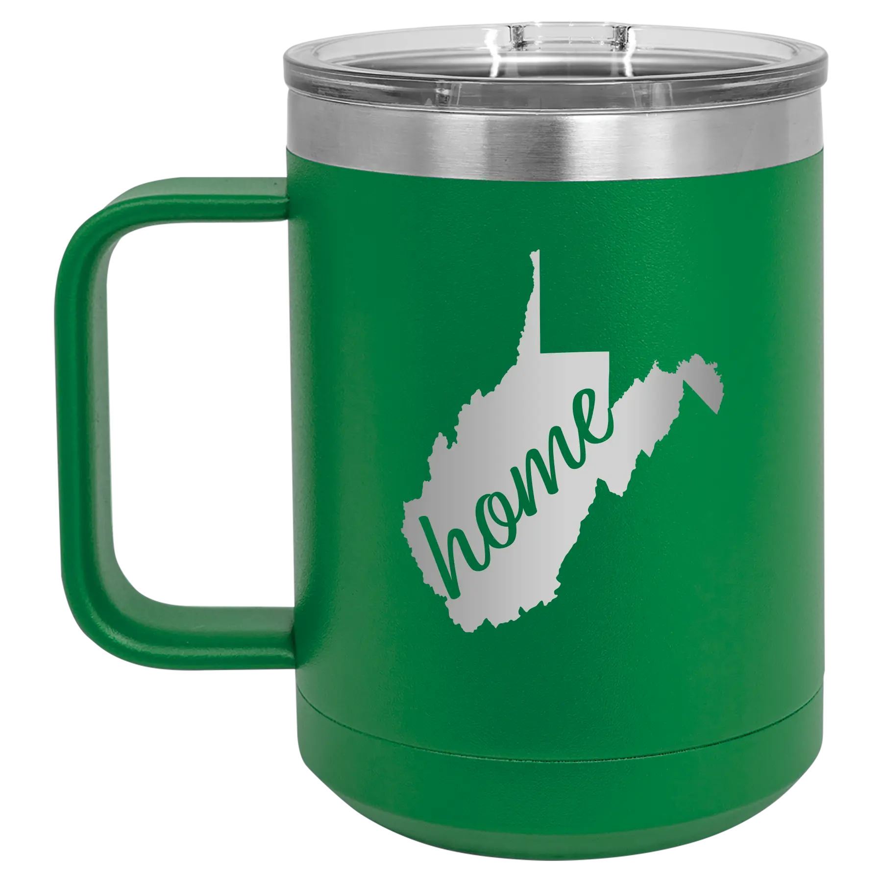 Laser etched green 15 oz vacuum insulated coffee mug with 'West Virginia Home' design