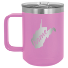 Laser etched light purple 15 oz vacuum insulated coffee mug with 'West Virginia Home' design