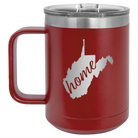 Laser etched maroon 15 oz vacuum insulated coffee mug with 'West Virginia Home' design