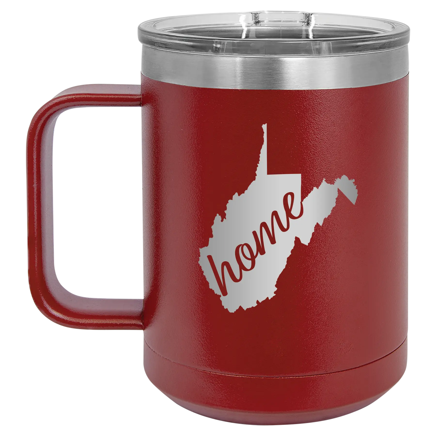 Laser etched maroon 15 oz vacuum insulated coffee mug with 'West Virginia Home' design