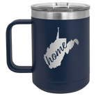 Laser etched navy 15 oz vacuum insulated coffee mug with 'West Virginia Home' design