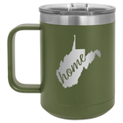 Laser etched olive green 15 oz vacuum insulated coffee mug with 'West Virginia Home' design
