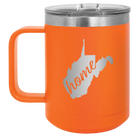 Laser etched orange 15 oz vacuum insulated coffee mug with 'West Virginia Home' design