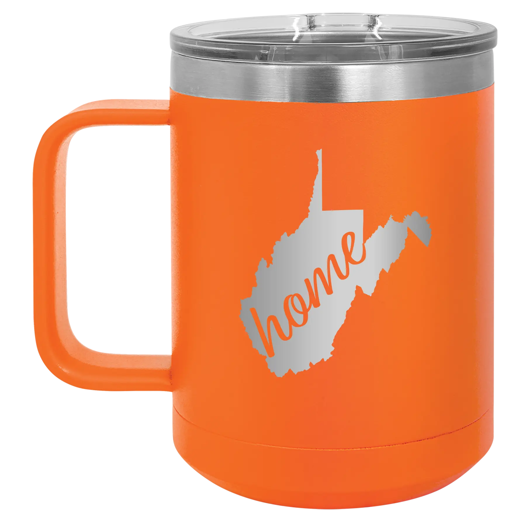 Laser etched orange 15 oz vacuum insulated coffee mug with 'West Virginia Home' design