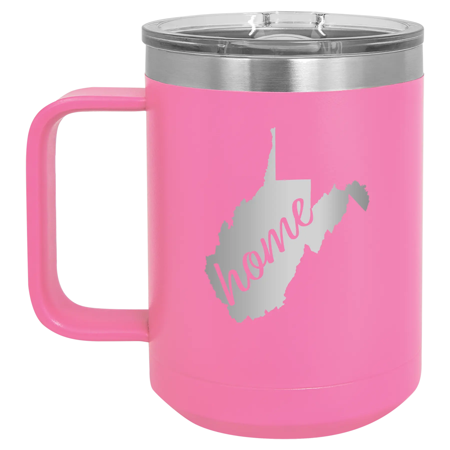 Laser etched pink 15 oz vacuum insulated coffee mug with 'West Virginia Home' design