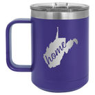 Laser etched purple 15 oz vacuum insulated coffee mug with 'West Virginia Home' design