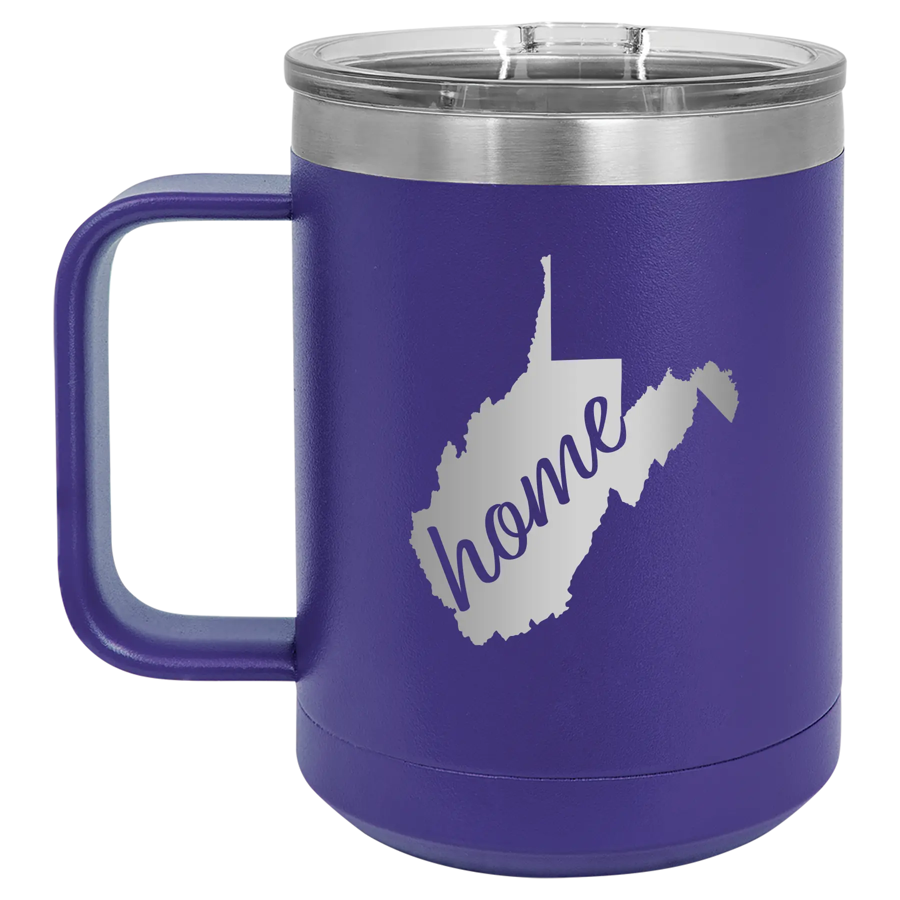 Laser etched purple 15 oz vacuum insulated coffee mug with 'West Virginia Home' design