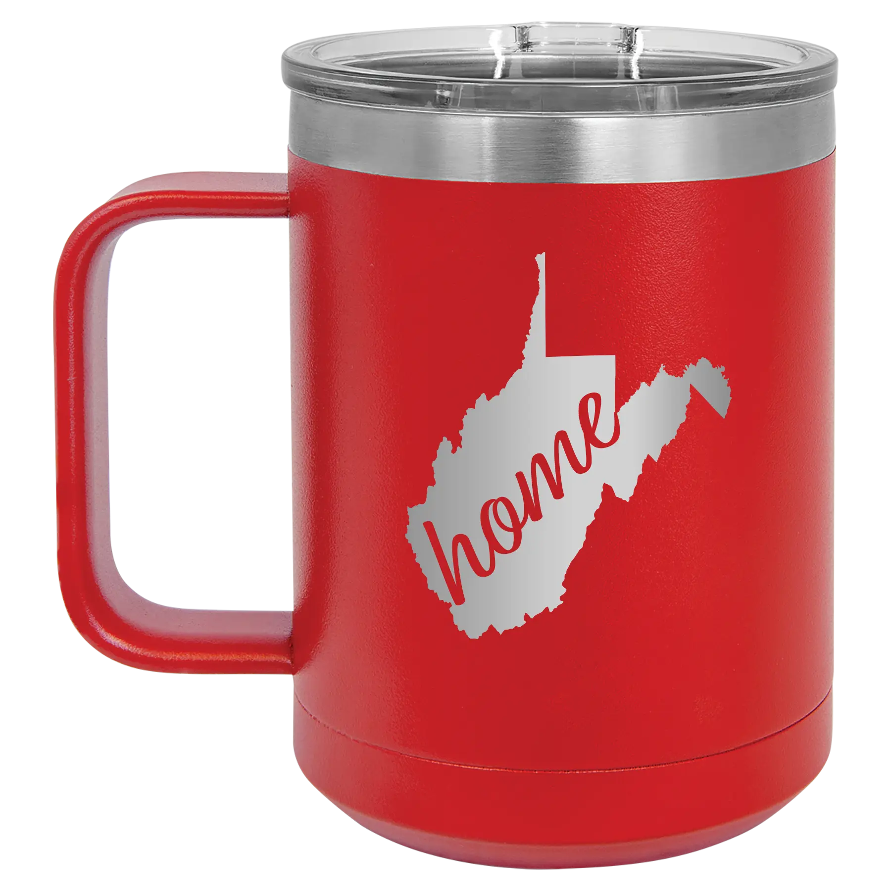 Laser etched red 15 oz vacuum insulated coffee mug with 'West Virginia Home' design