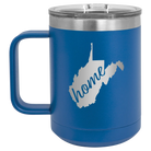 Laser etched royal blue 15 oz vacuum insulated coffee mug with 'West Virginia Home' design