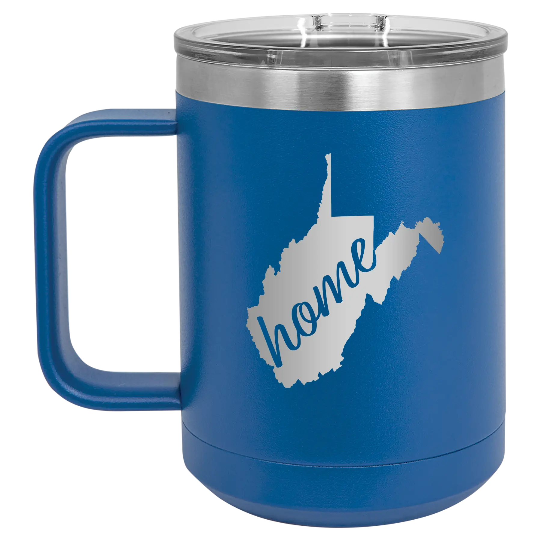 Laser etched royal blue 15 oz vacuum insulated coffee mug with 'West Virginia Home' design