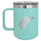 Laser etched teal 15 oz vacuum insulated coffee mug with 'West Virginia Home' design