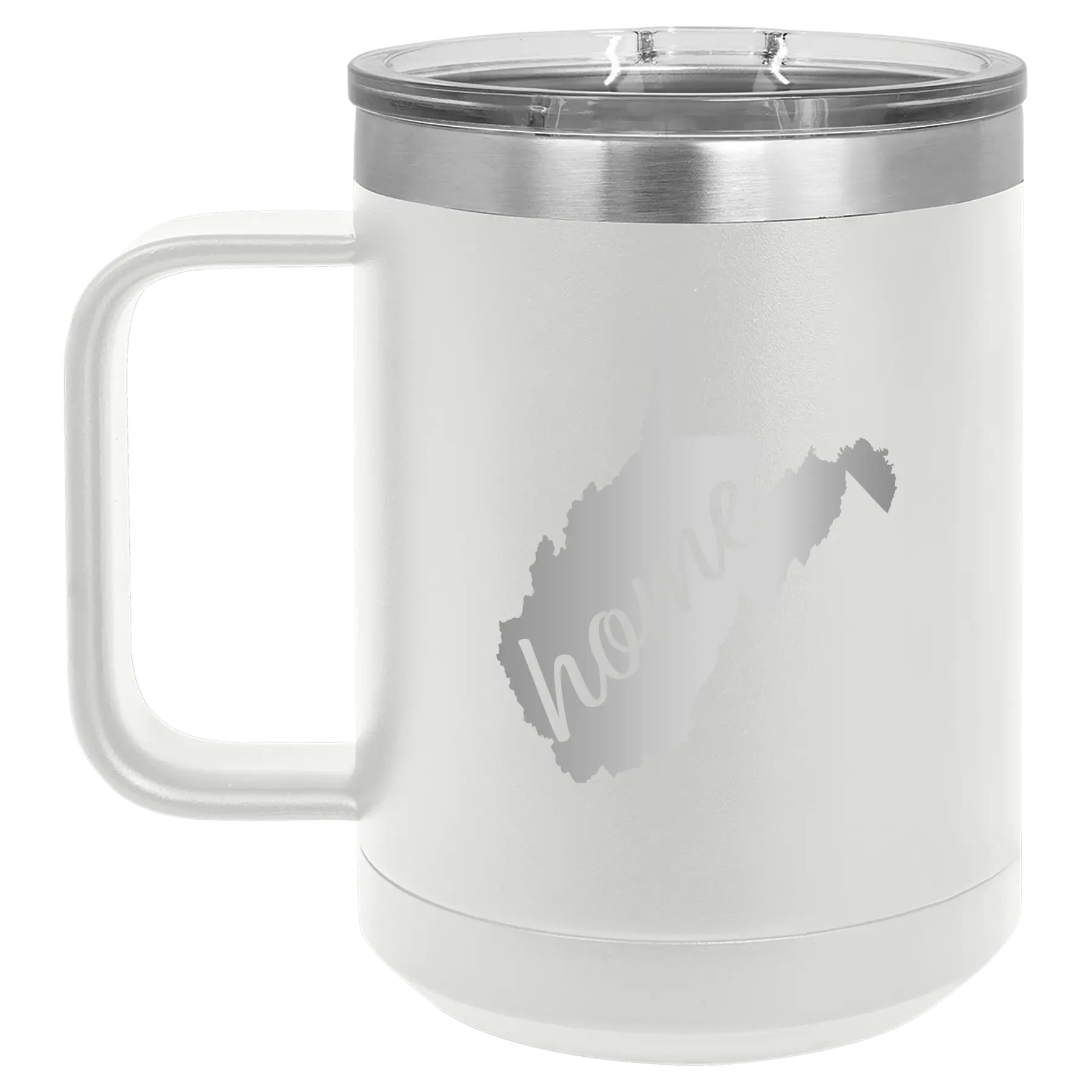 Laser etched white 15 oz vacuum insulated coffee mug with 'West Virginia Home' design