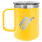 Laser etched yellow 15 oz vacuum insulated coffee mug with 'West Virginia Home' design