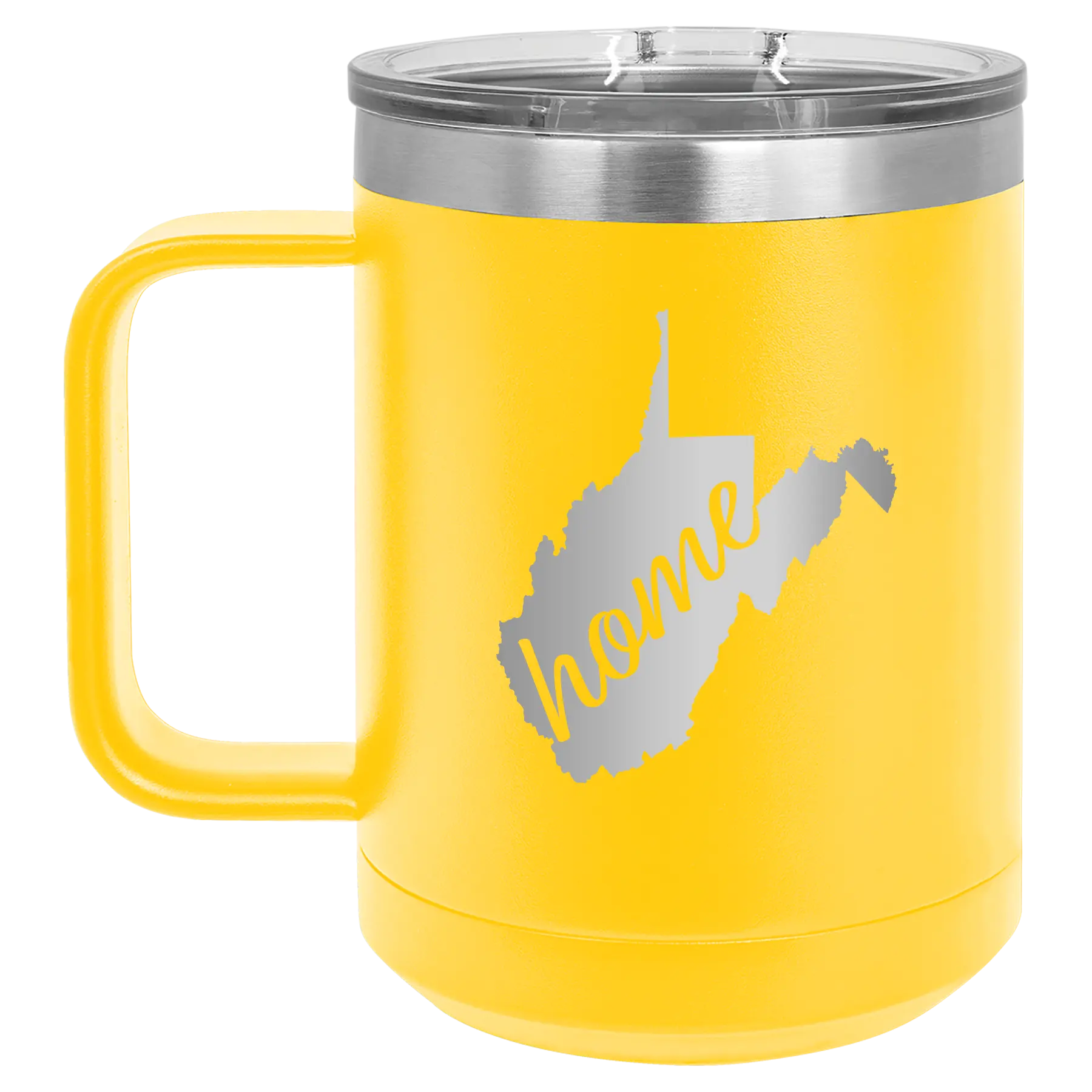 Laser etched yellow 15 oz vacuum insulated coffee mug with 'West Virginia Home' design