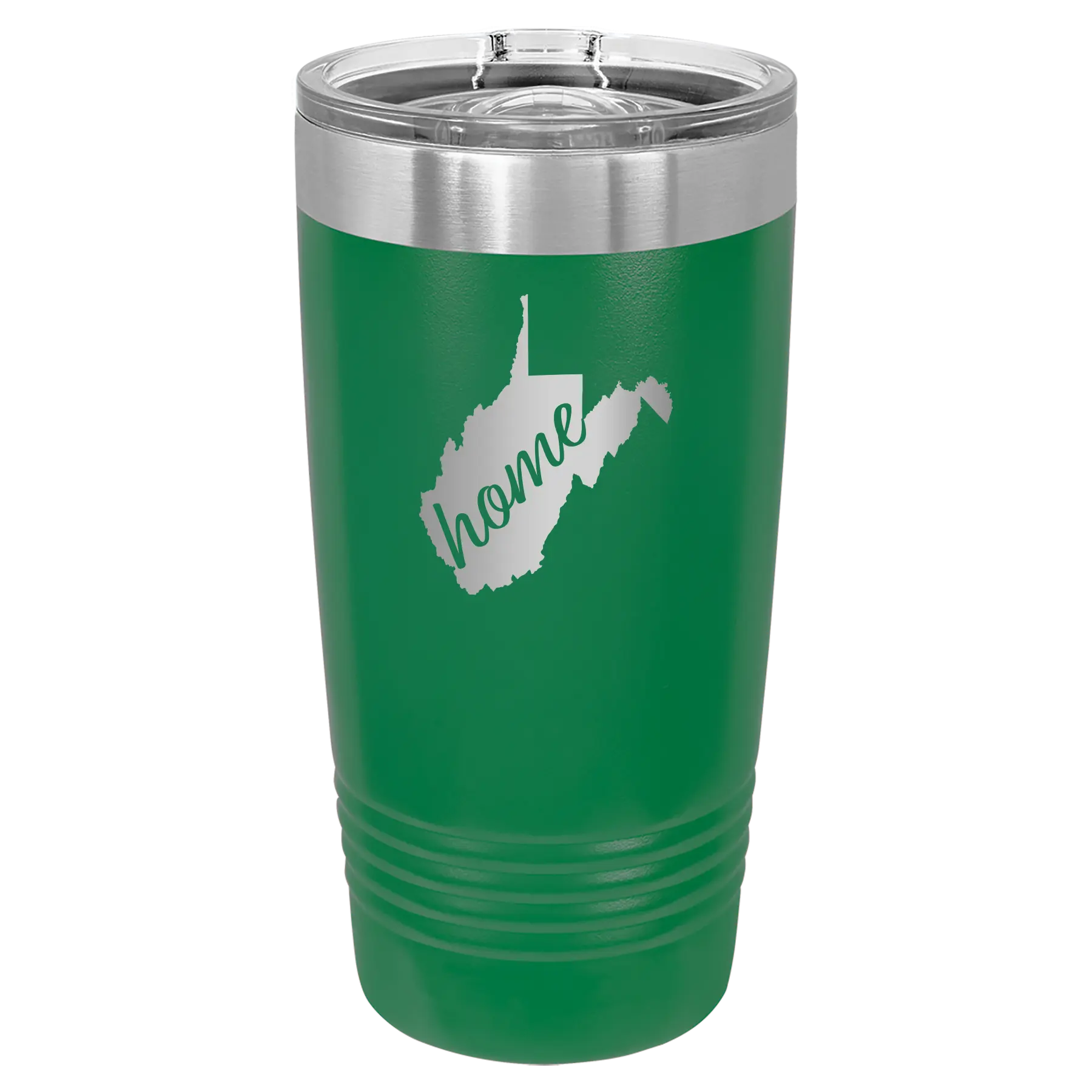 Laser etched green 20 oz vacuum insulated tumbler with 'West Virginia Home' design
