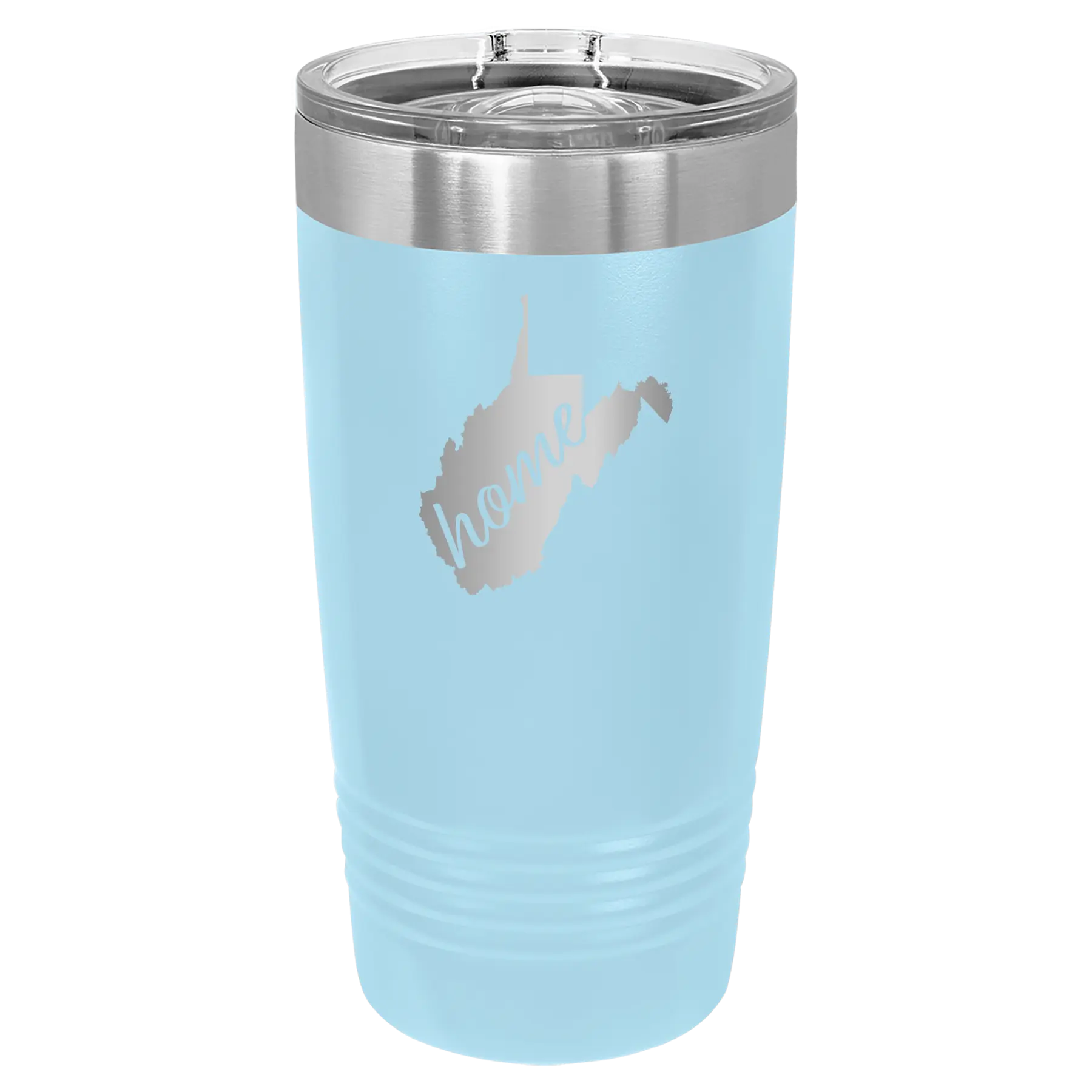 Laser etched light blue 20 oz vacuum insulated tumbler with 'West Virginia Home' design