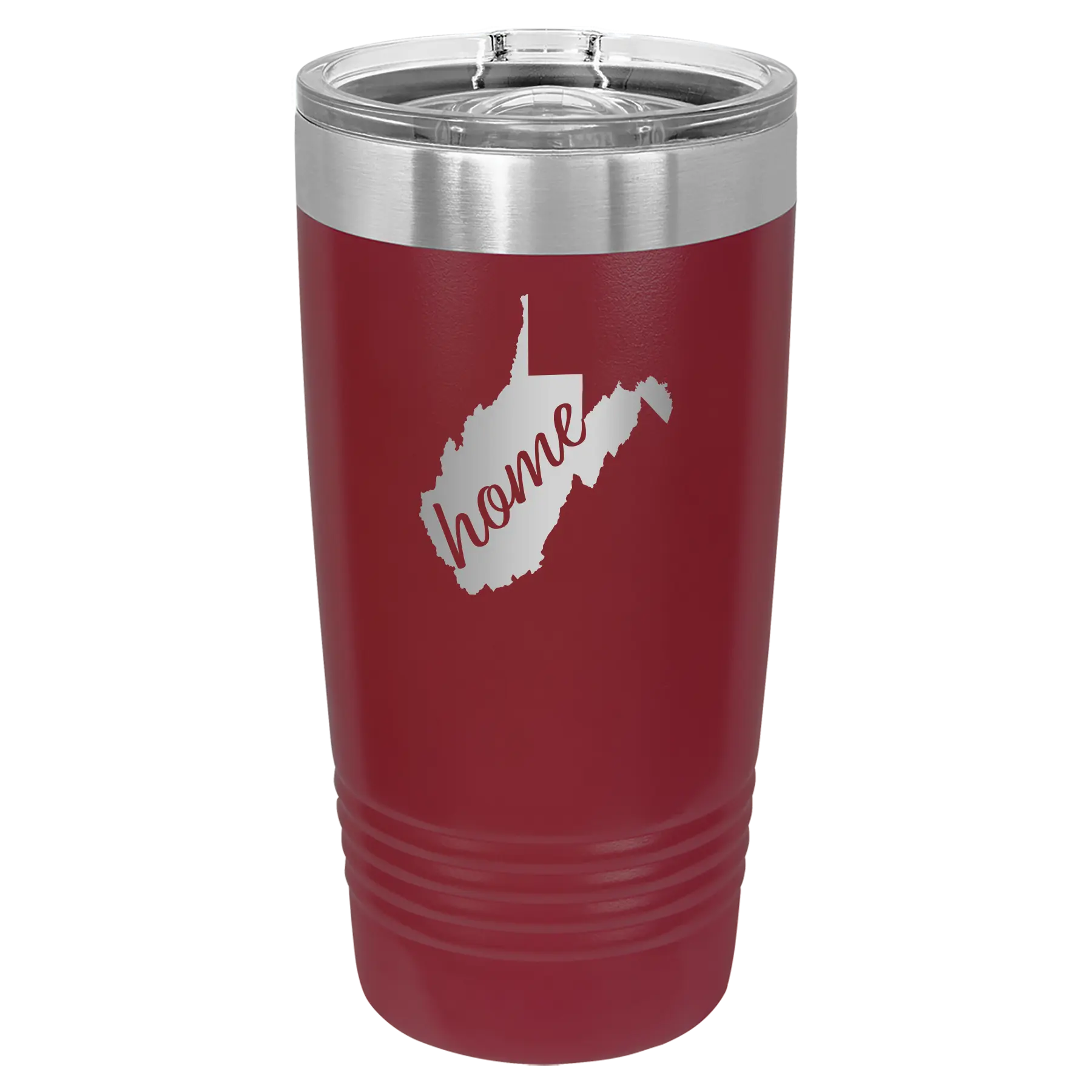 Laser etched maroon 20 oz vacuum insulated tumbler with 'West Virginia Home' design