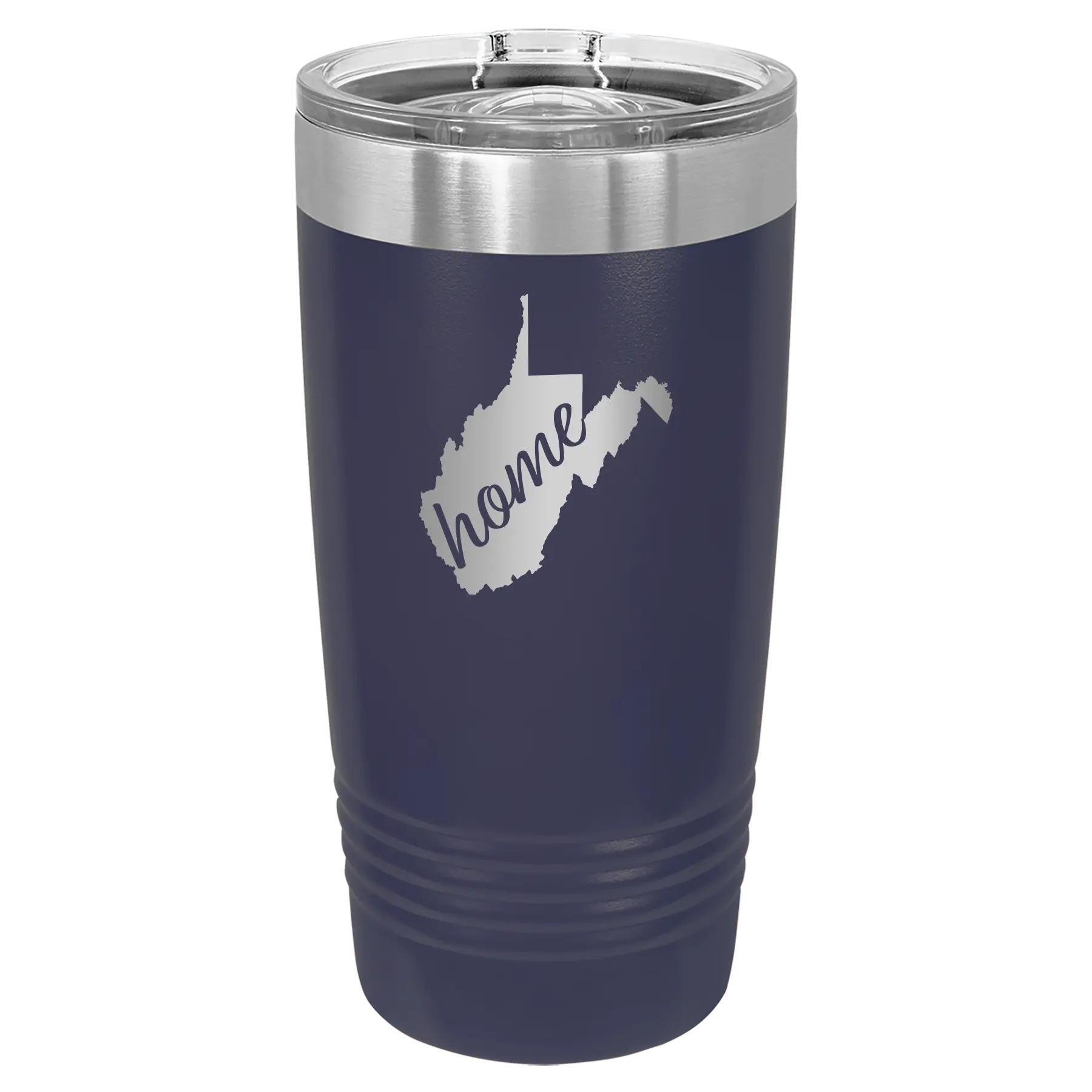 Laser etched navy 20 oz vacuum insulated tumbler with 'West Virginia Home' design