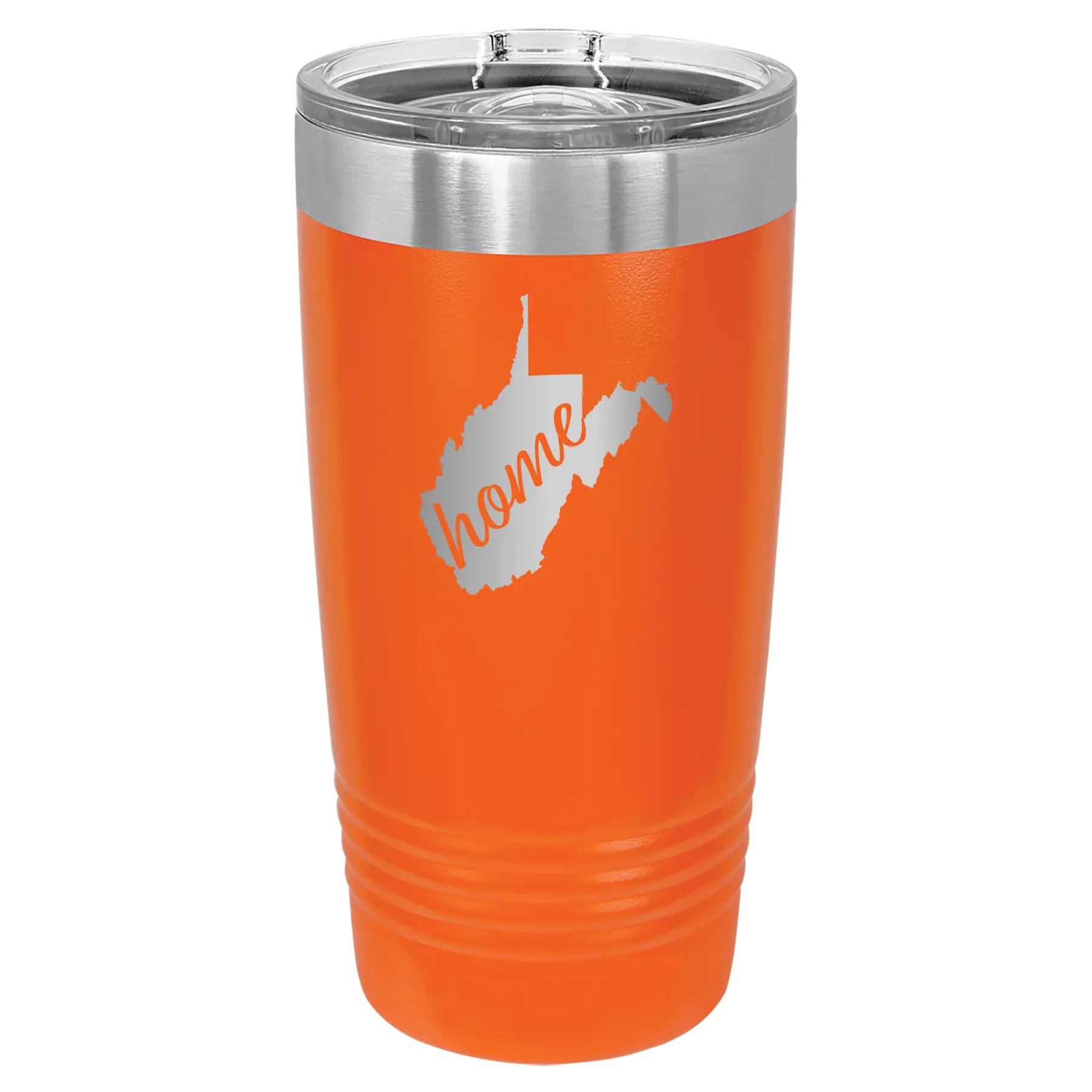 Laser etched orange 20 oz vacuum insulated tumbler with 'West Virginia Home' design