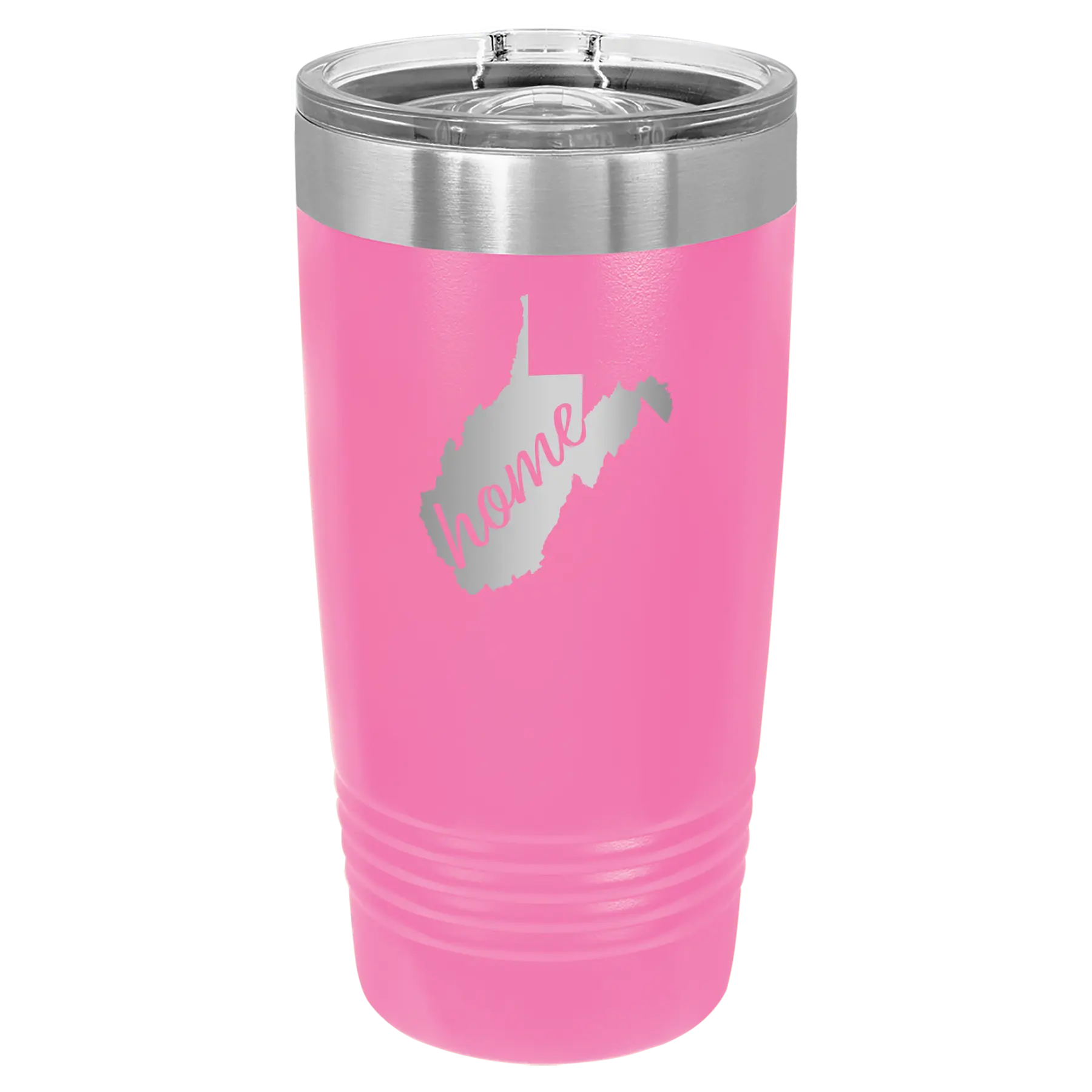 Laser etched pink 20 oz vacuum insulated tumbler with 'West Virginia Home' design