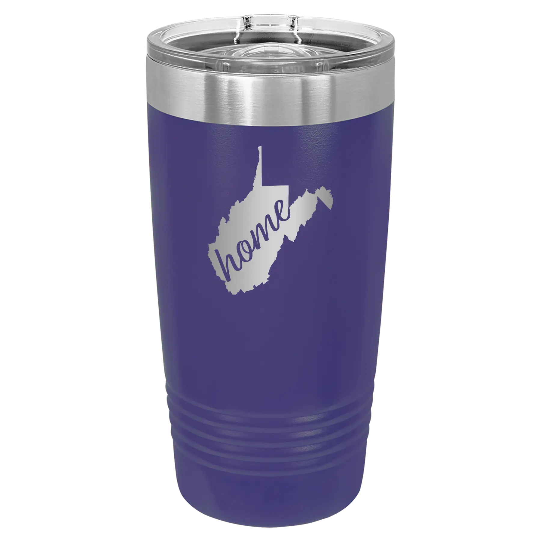 Laser etched purple 20 oz vacuum insulated tumbler with 'West Virginia Home' design