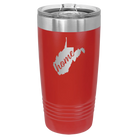 Laser etched red 20 oz vacuum insulated tumbler with 'West Virginia Home' design