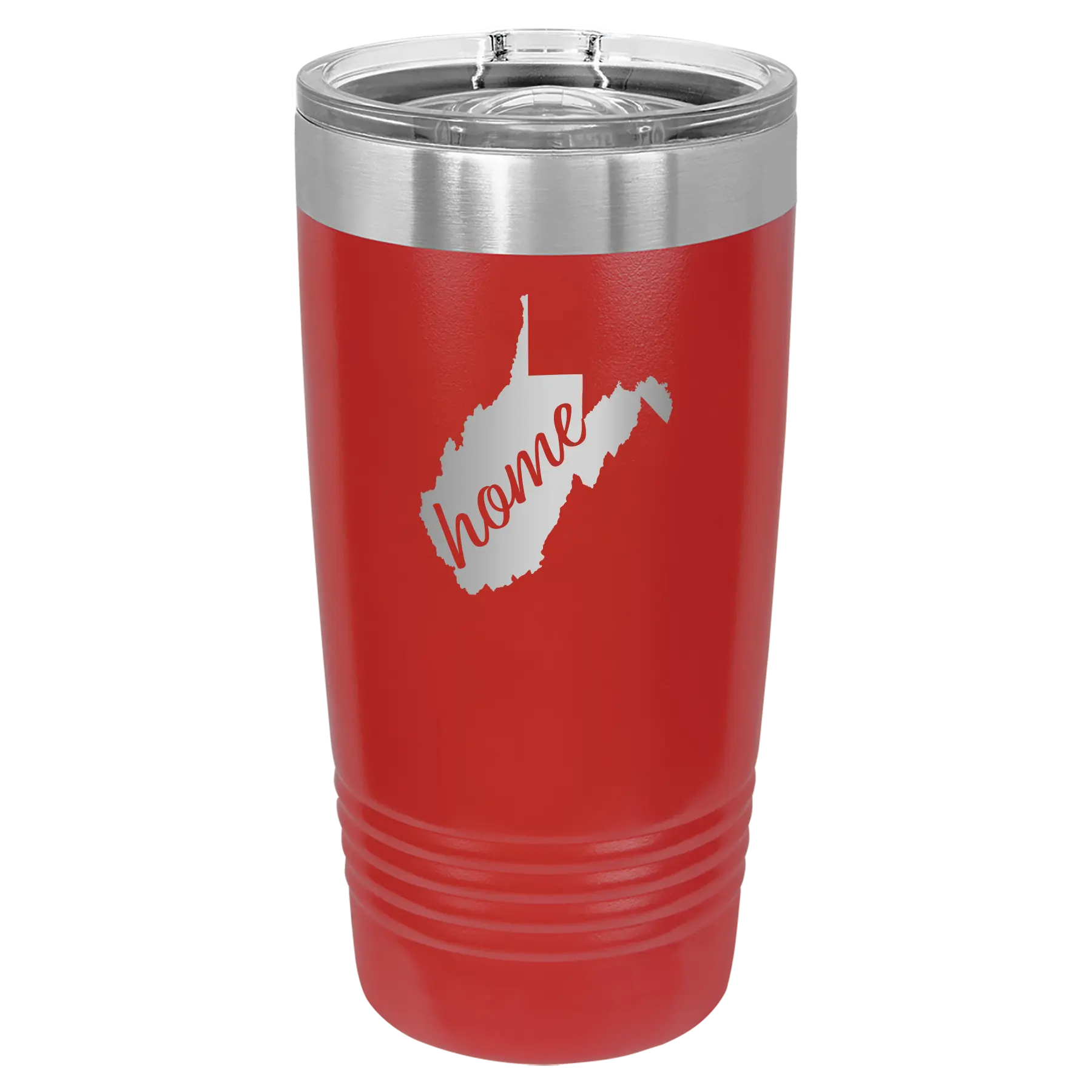 Laser etched red 20 oz vacuum insulated tumbler with 'West Virginia Home' design