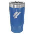 Laser etched royal blue 20 oz vacuum insulated tumbler with 'West Virginia Home' design