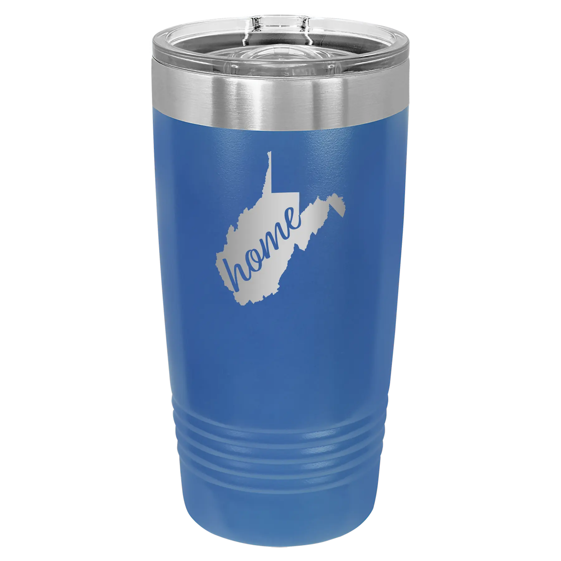 Laser etched royal blue 20 oz vacuum insulated tumbler with 'West Virginia Home' design