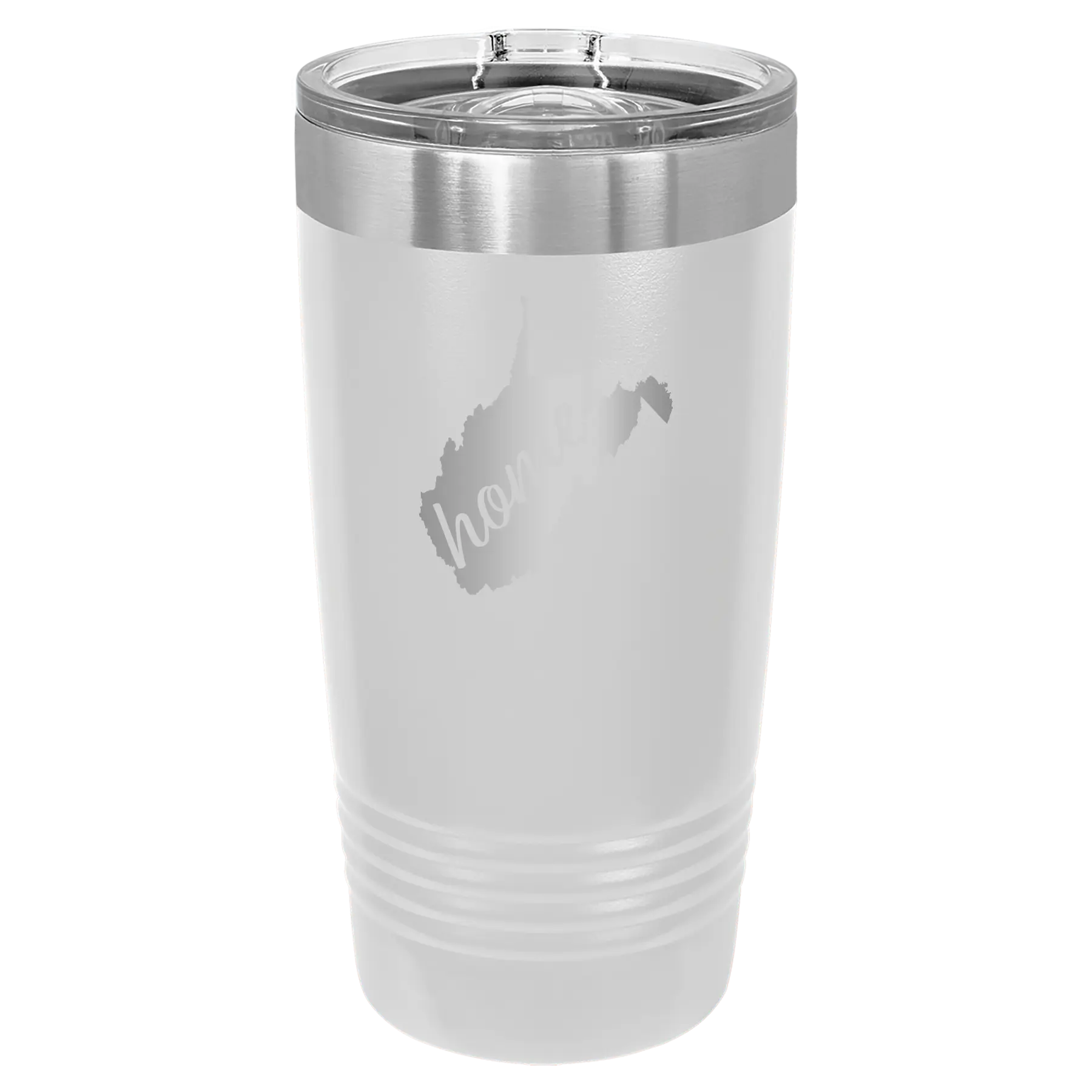 Laser etched white 20 oz vacuum insulated tumbler with 'West Virginia Home' design