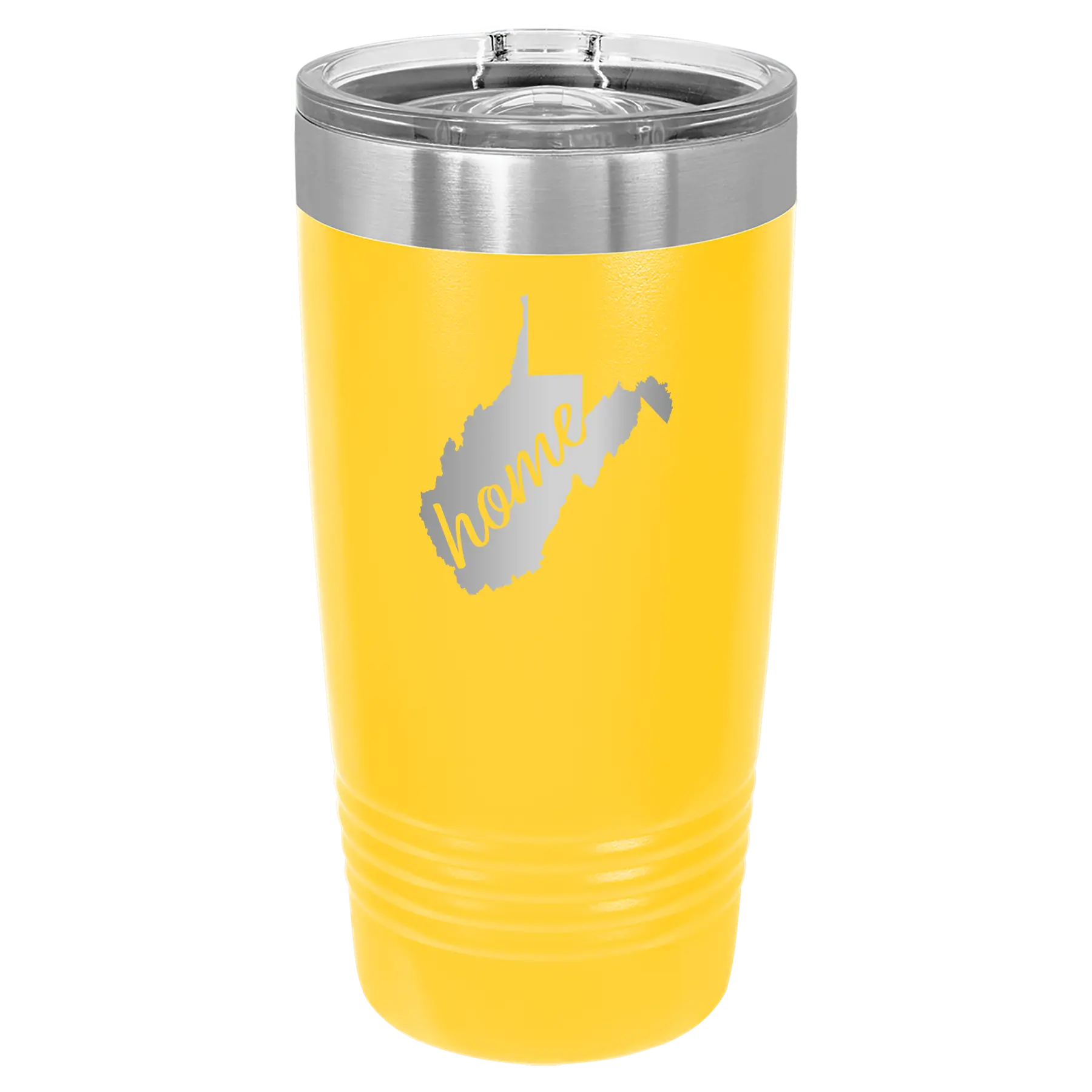 Laser etched yellow 20 oz vacuum insulated tumbler with 'West Virginia Home' design
