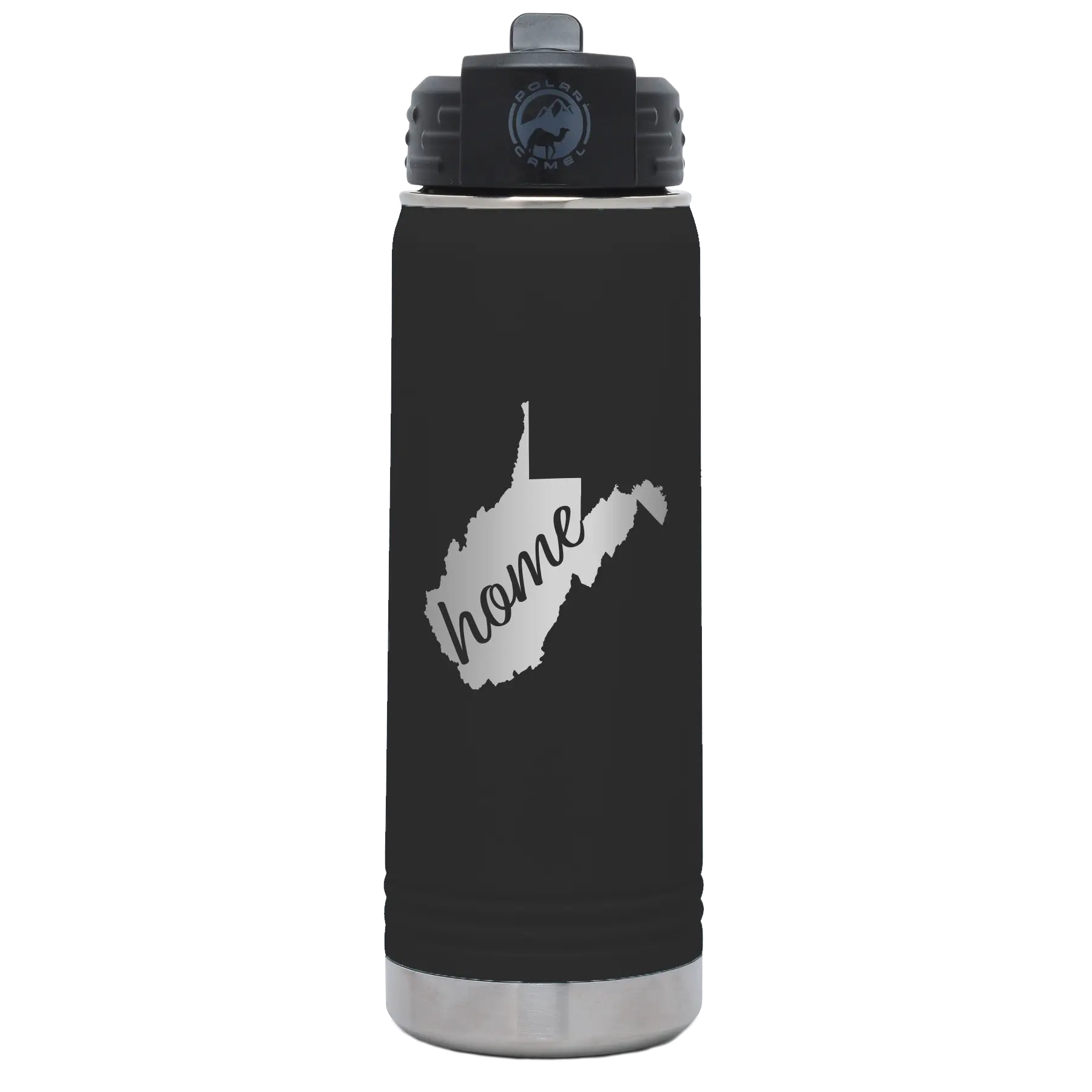Laser etched black 20 oz vacuum insulated water bottle with 'West Virginia Home' design