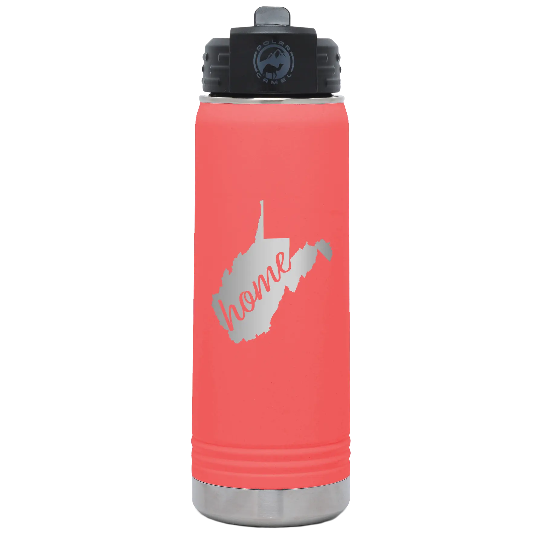 Laser etched coral 20 oz vacuum insulated water bottle with 'West Virginia Home' design