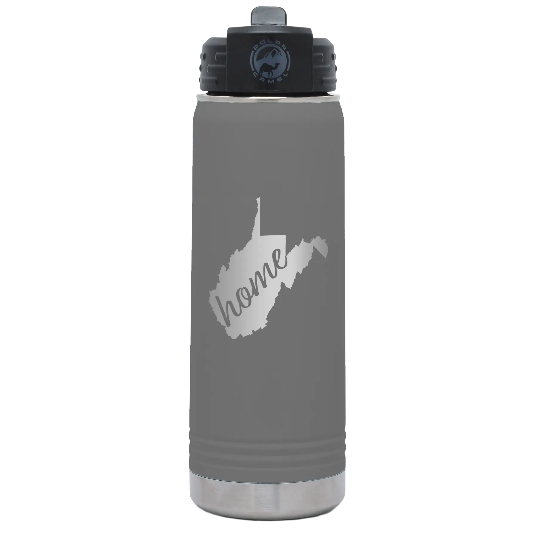 Laser etched dark gray 20 oz vacuum insulated water bottle with 'West Virginia Home' design