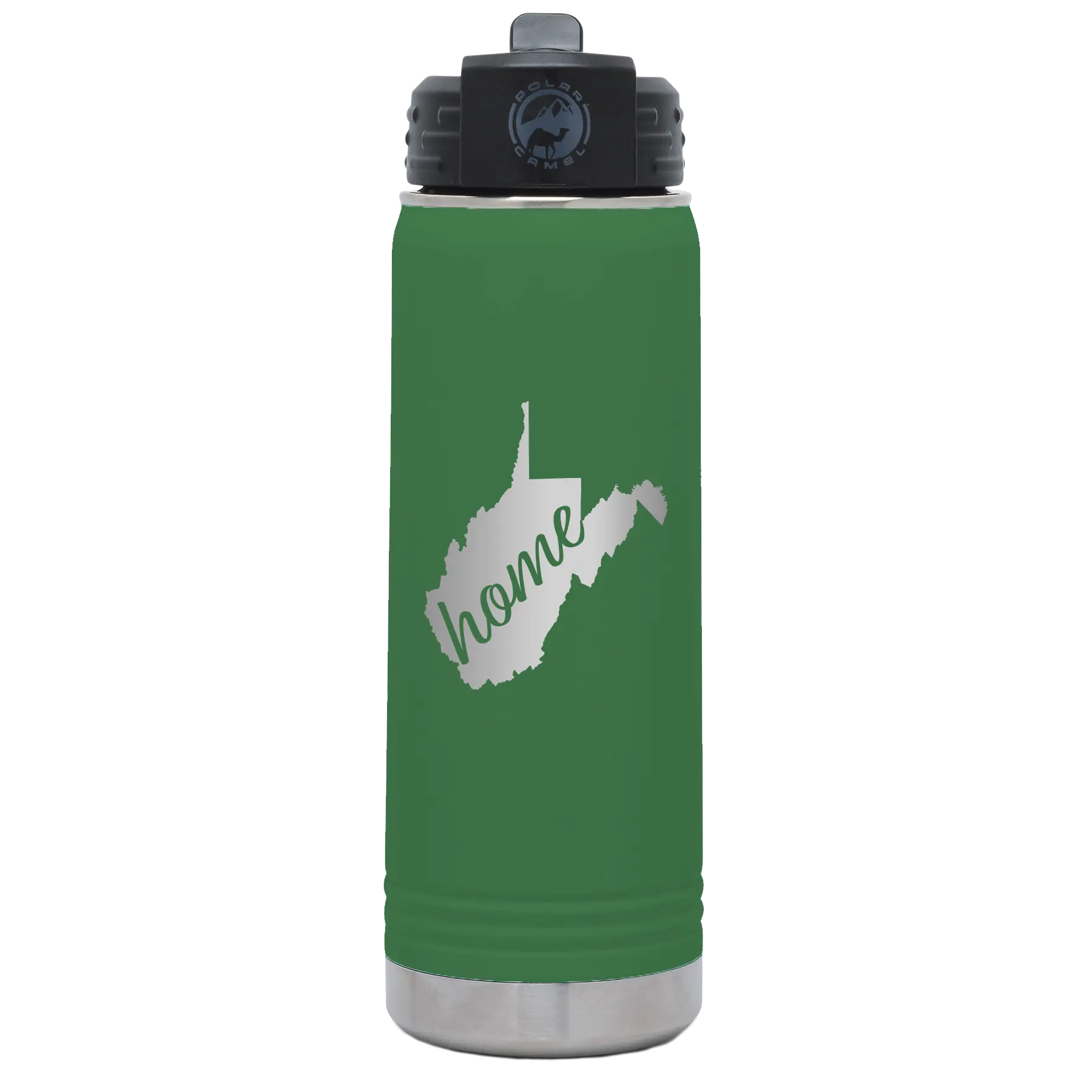 Laser etched green 20 oz vacuum insulated water bottle with 'West Virginia Home' design
