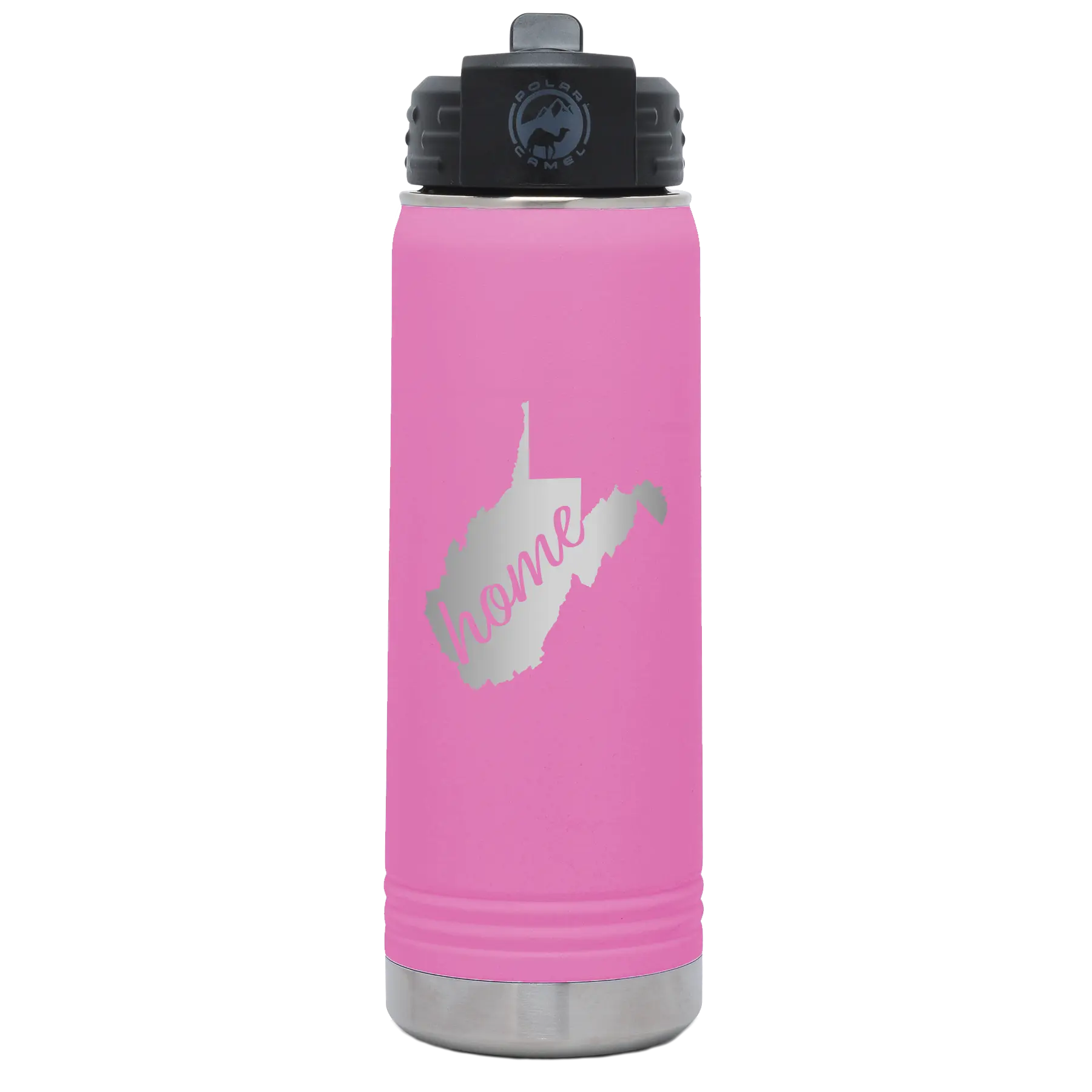 Laser etched light purple 20 oz vacuum insulated water bottle with 'West Virginia Home' design