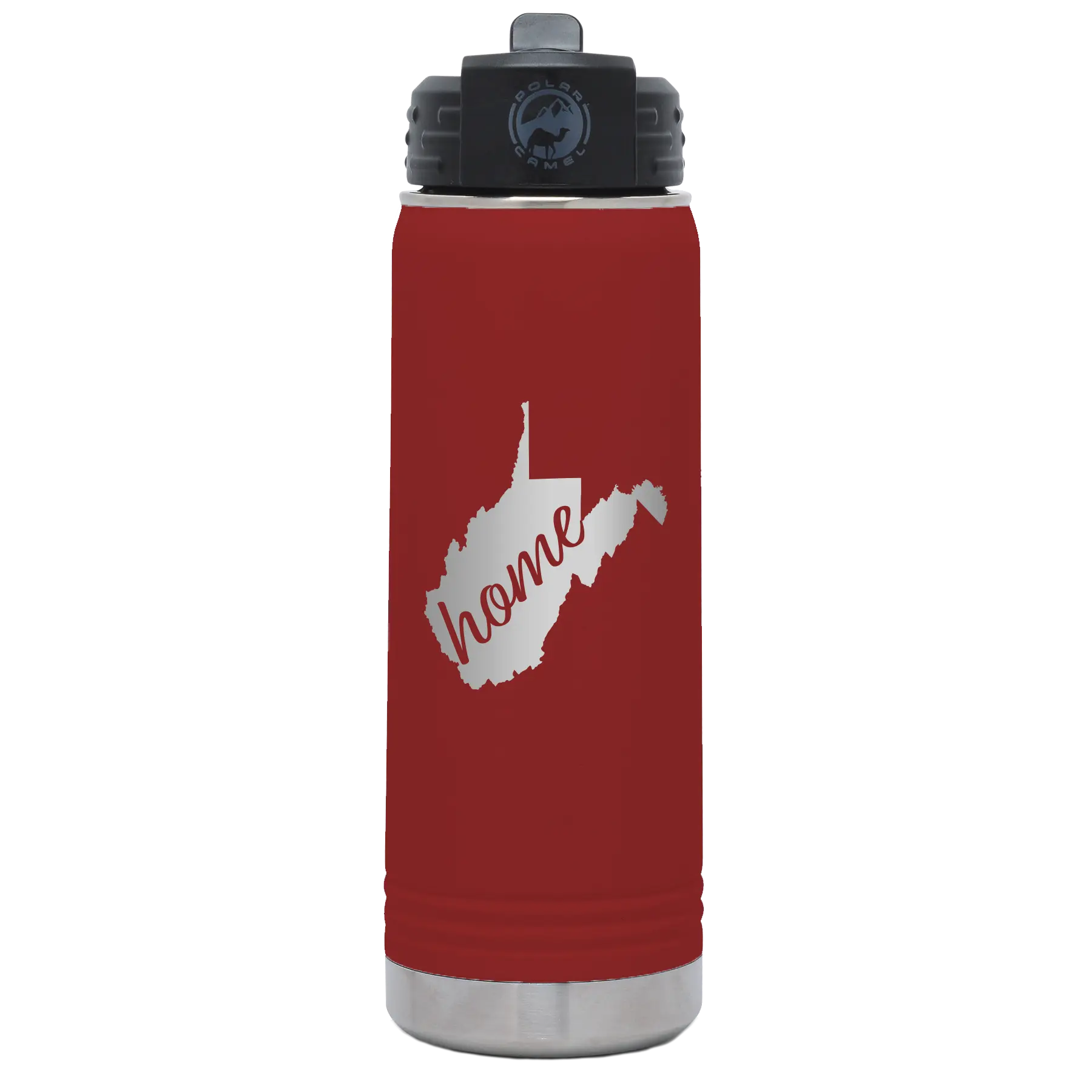 Laser etched maroon 20 oz vacuum insulated water bottle with 'West Virginia Home' design