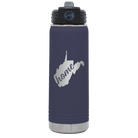 Laser etched navy 20 oz vacuum insulated water bottle with 'West Virginia Home' design