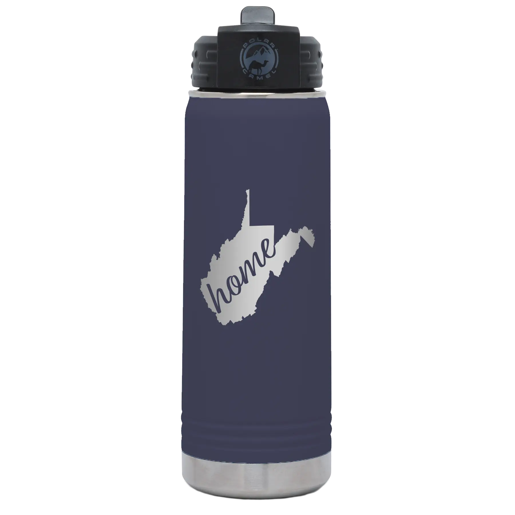 Laser etched navy 20 oz vacuum insulated water bottle with 'West Virginia Home' design