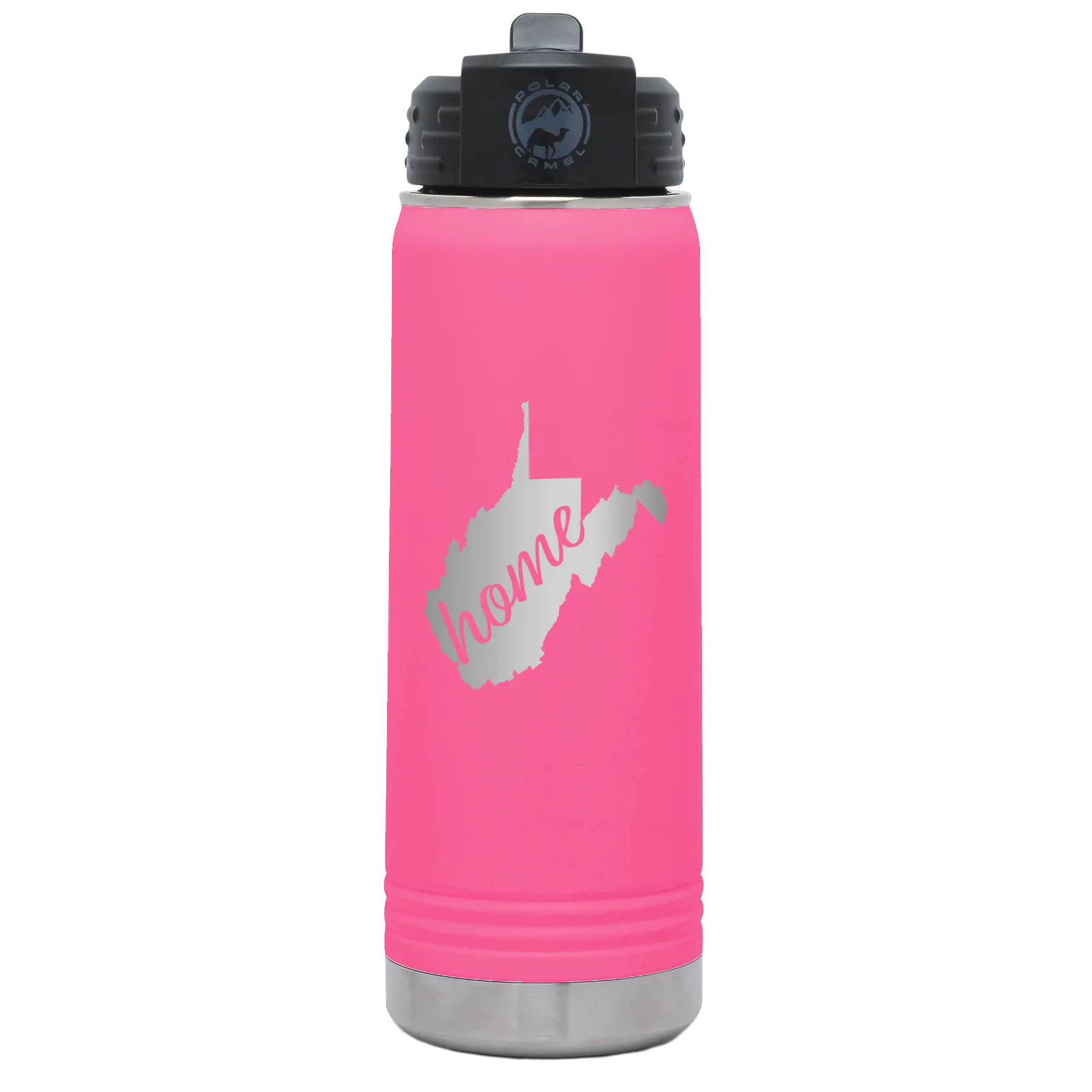 Laser etched pink 20 oz vacuum insulated water bottle with 'West Virginia Home' design