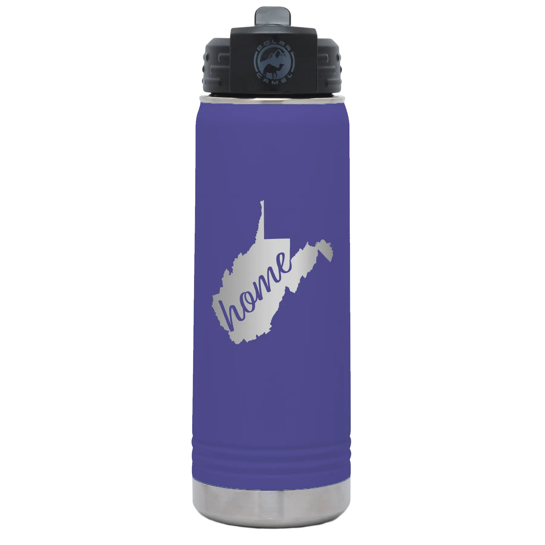 Laser etched purple 20 oz vacuum insulated water bottle with 'West Virginia Home' design