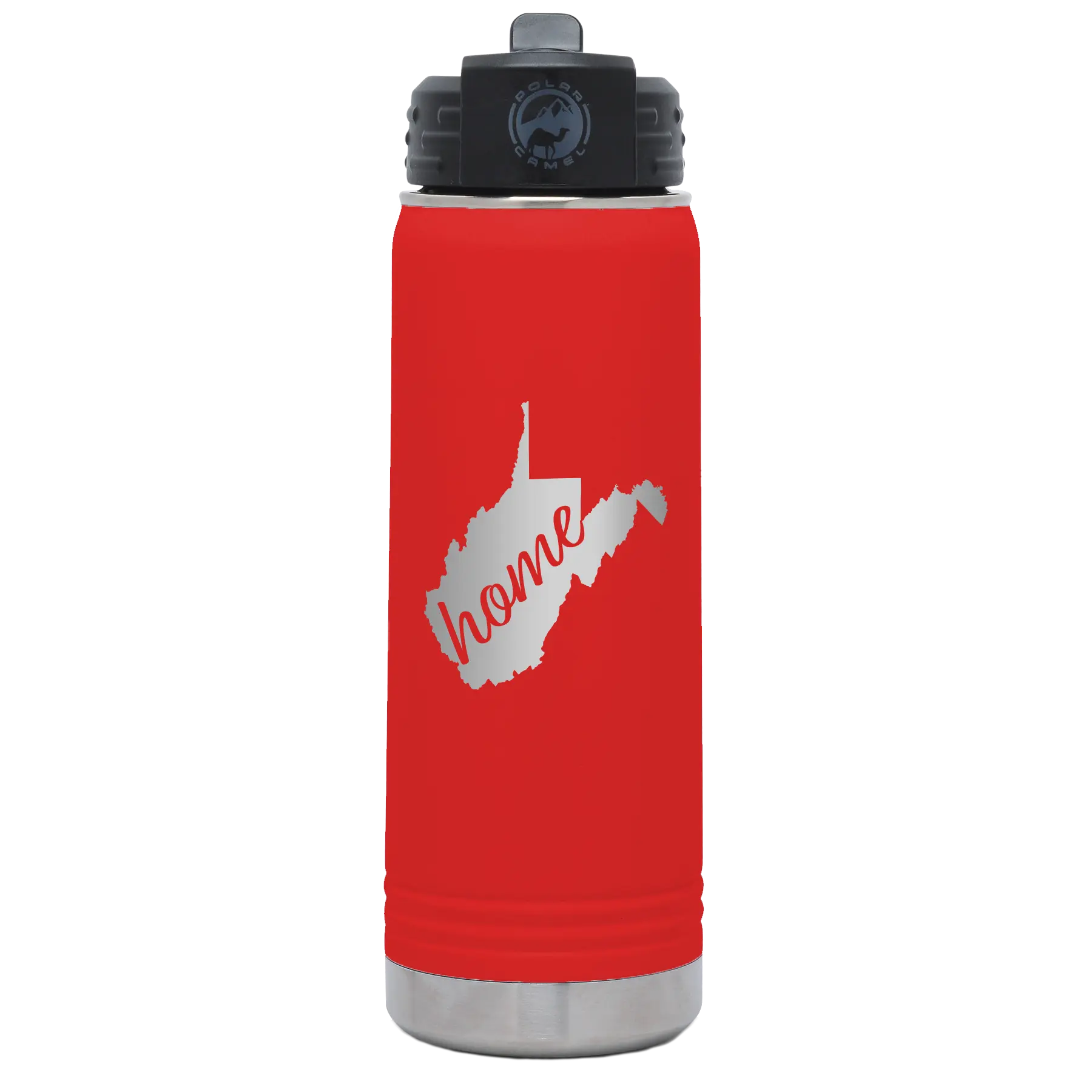 Laser etched red 20 oz vacuum insulated water bottle with 'West Virginia Home' design