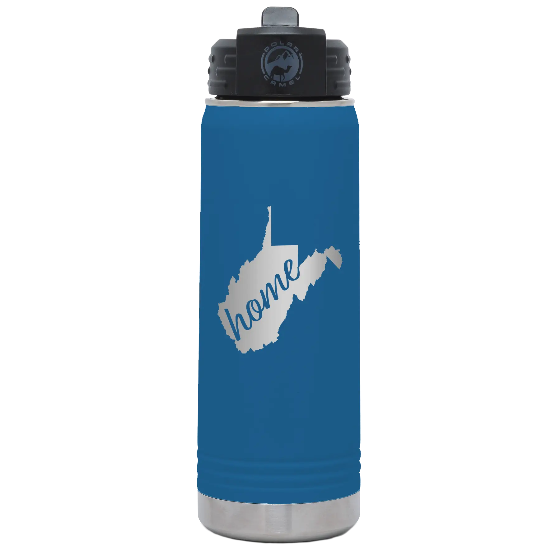 Laser etched royal blue 20 oz vacuum insulated water bottle with 'West Virginia Home' design